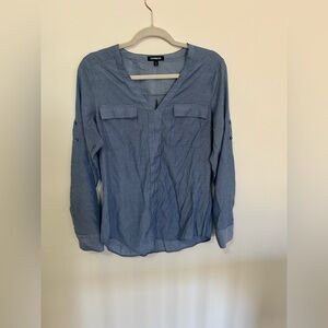 Express blue and small white polka dot portofino top.